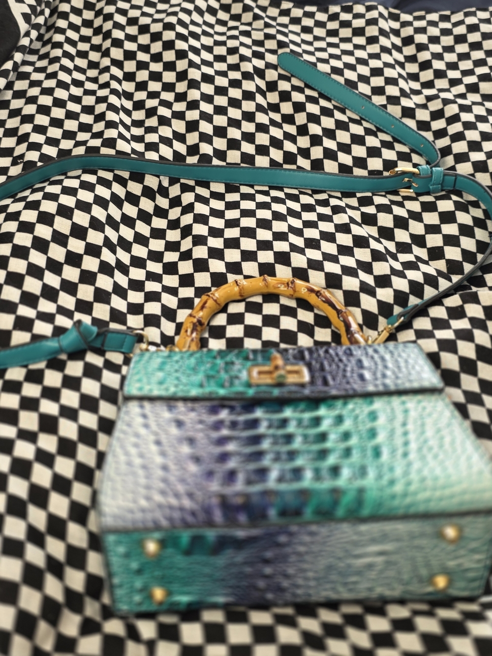 Women’s Teal Ombre Bamboo-Handle Crossbody Bag Faux Crocodile Matching Wallet
